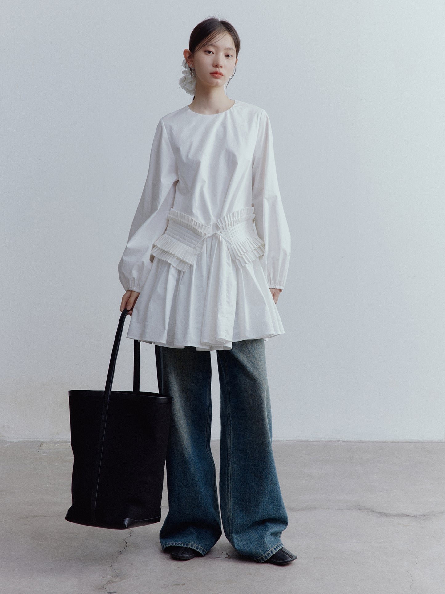 FUSSED Fragmented Dream Mist White Pleated Cotton Doll Dress FOF-25SS159a