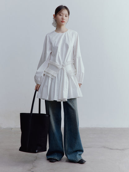 FUSSED Fragmented Dream Mist White Pleated Cotton Doll Dress FOF-25SS159a