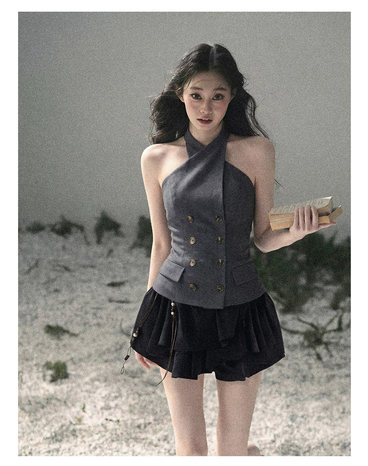 "The Unsent Letter" Deep Slate Gray Halter Tailored Top