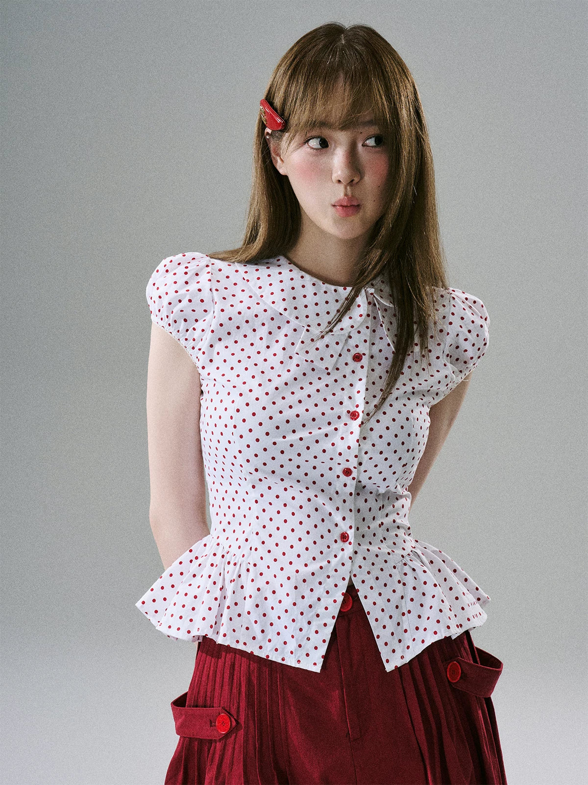 LOST FOREST - White & Red Polka Dot Asymmetrical Cotton Blouse
