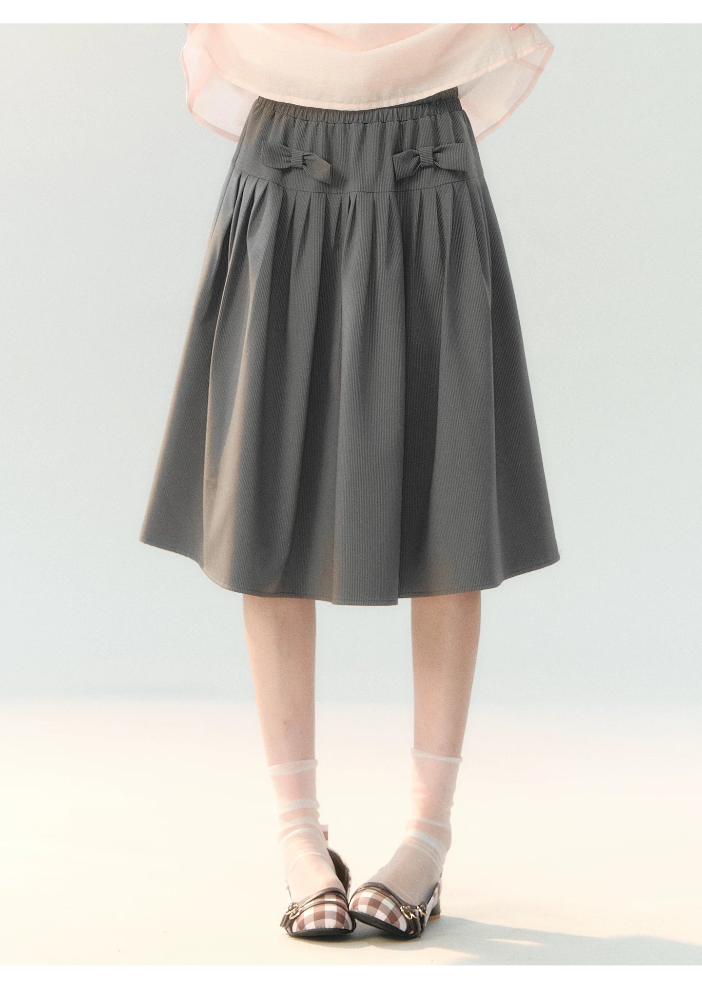 "Cloud Gray Sweet Pleats" Gray Stripe Bow Pleated Skirt LL2026219