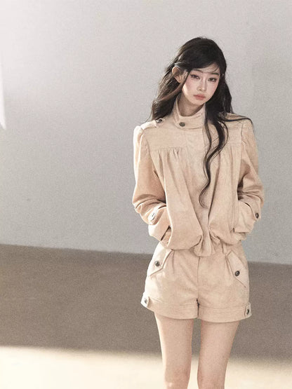 AOMALM - Mauve Faux Suede Jacket & Cargo Shorts Set