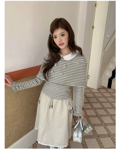 “Misty Sonata” Grey Layered Stripe Knit Top