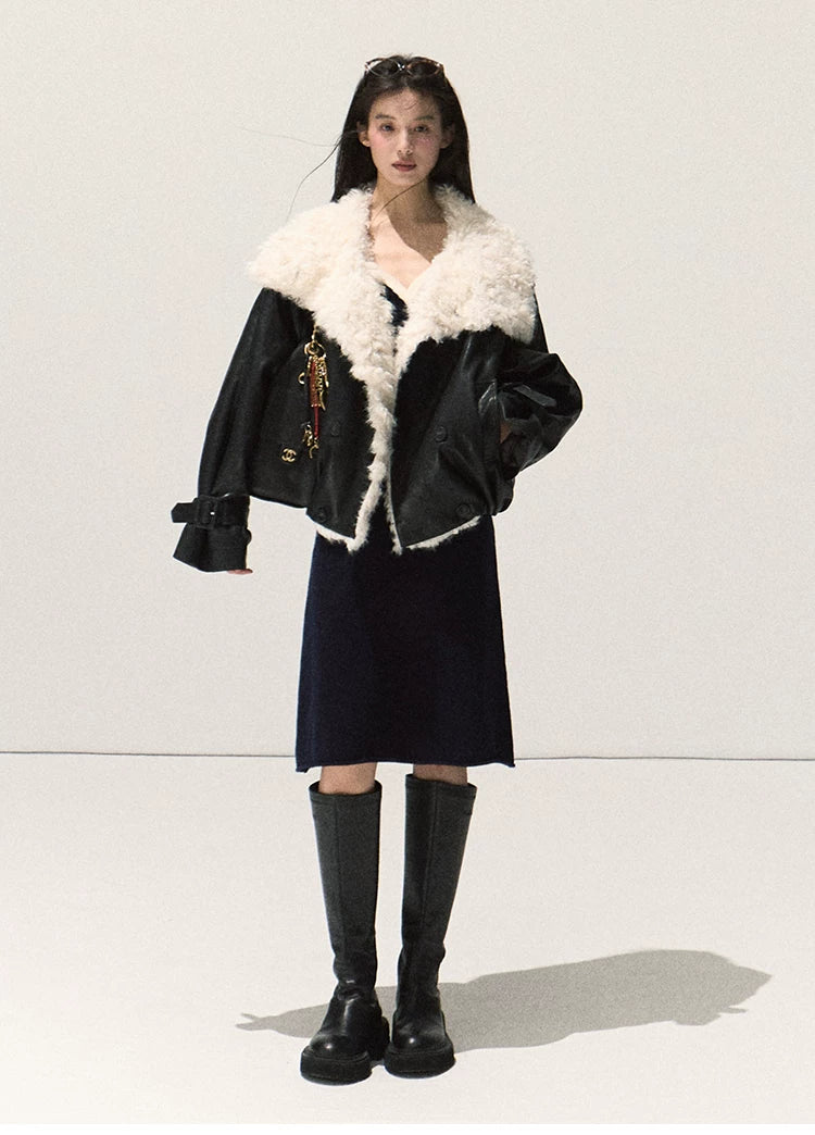 OAKMOO/ Cropped Faux Leather Shearling-Collar Jacket (Rich Black / Hazelnut Khaki)