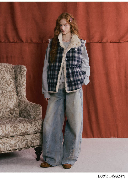 ASGONY - Reversible Plaid & Faux Fur Stand-Collar Vest