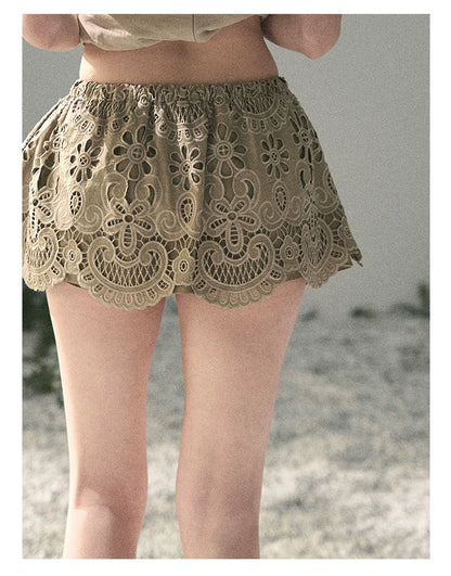 “Lost in Your Embrace” Roasted Pecan Lace Puff Skort