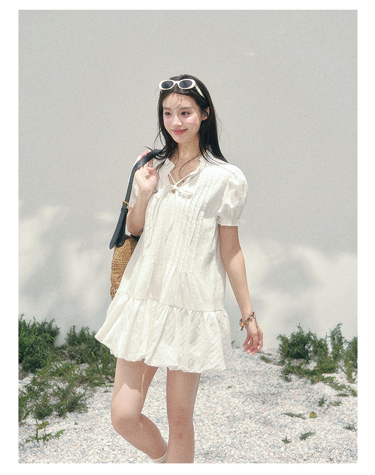“Soft Pleats in Motion” Camellia White Bubble Mini Dress