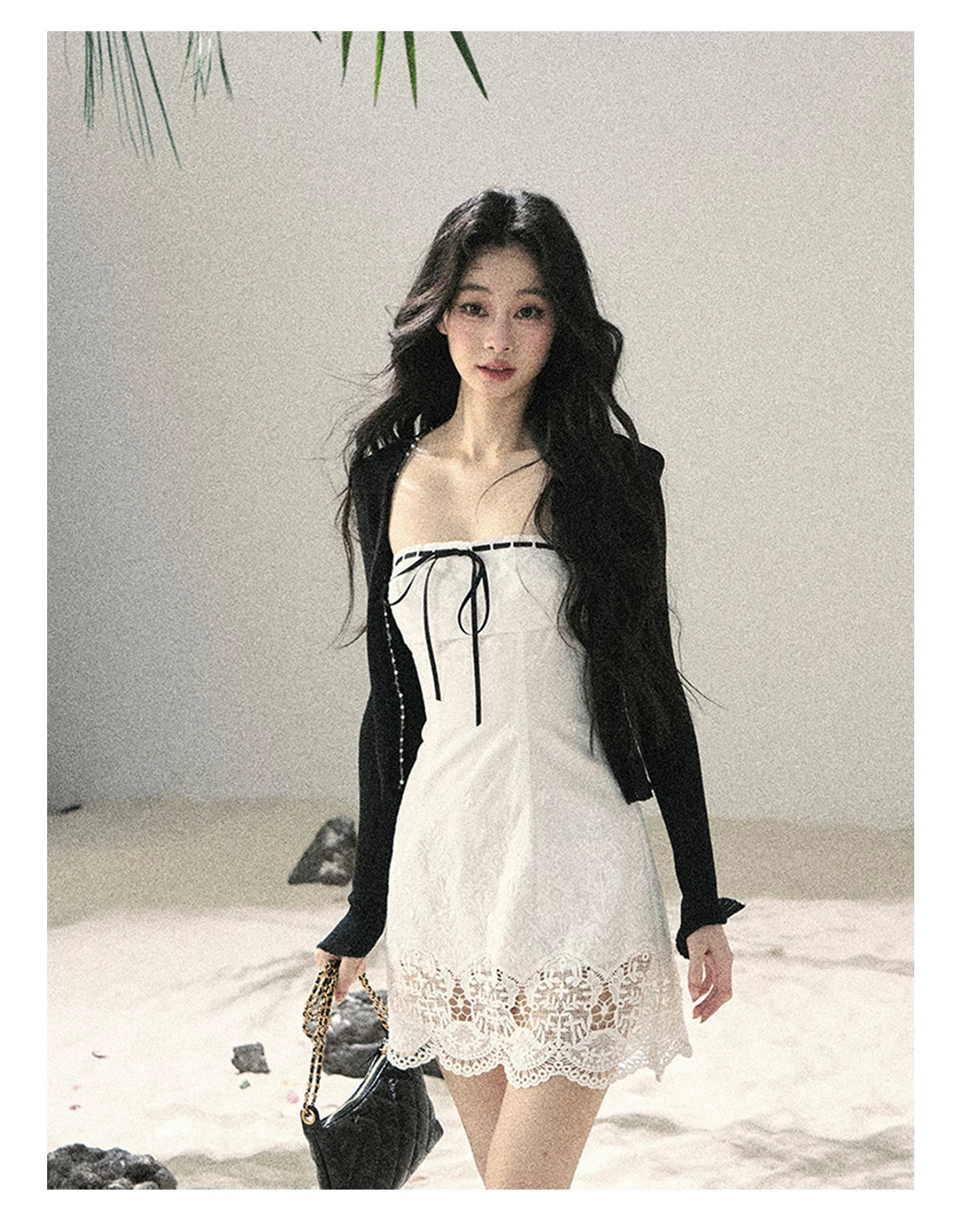 "Moonwoven Reverie" Cloud White Lace Bodycon Mini Dress & Serenity Black Cardigan 5132