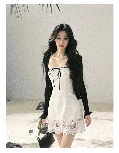 "Moonwoven Reverie" Cloud White Lace Bodycon Mini Dress & Serenity Black Cardigan 5132