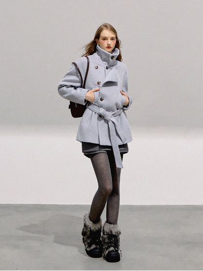 BOHOL BLING - Minimalist Double-Breasted Wool Short Coat with Belt