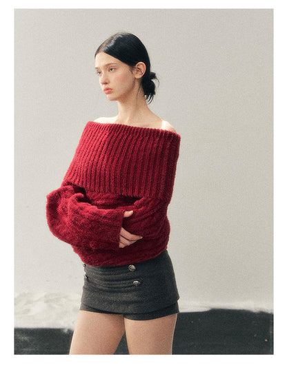 少也眼 "Crimson Glow on the Shoulders" Off-Shoulder Cable Knit Cropped Sweater