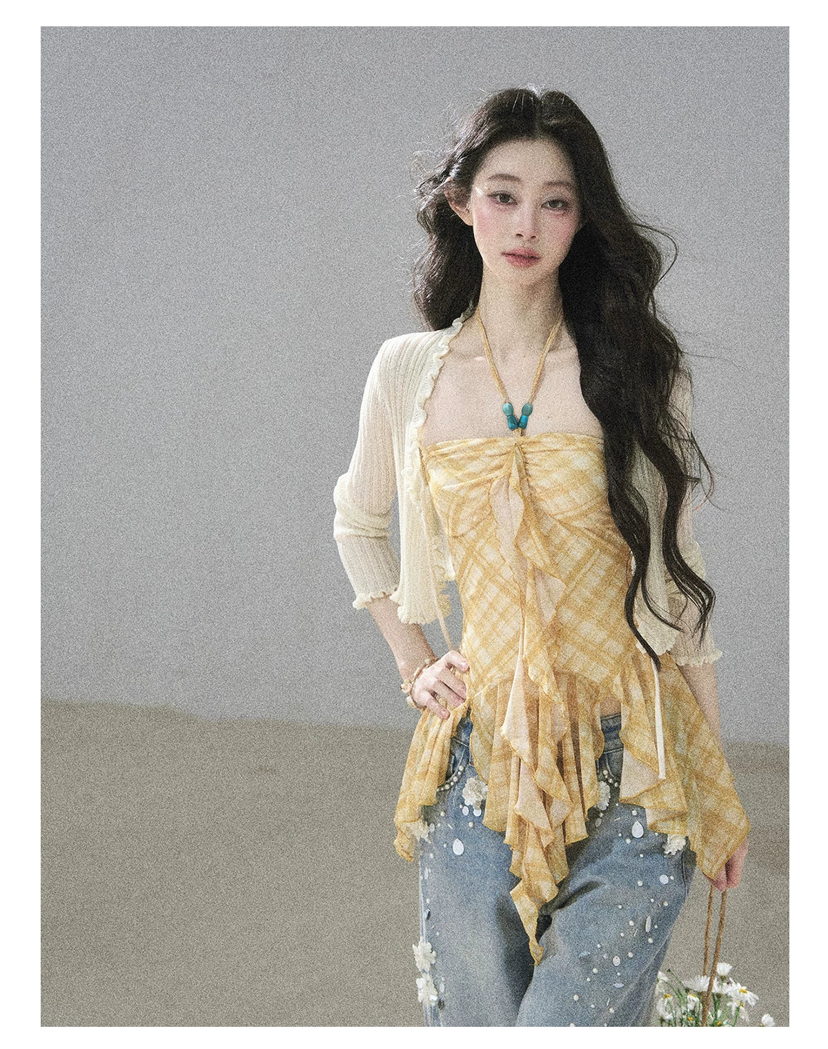 "Starlit Grace" Mist Blue Handmade Floral Wide-Leg Jeans