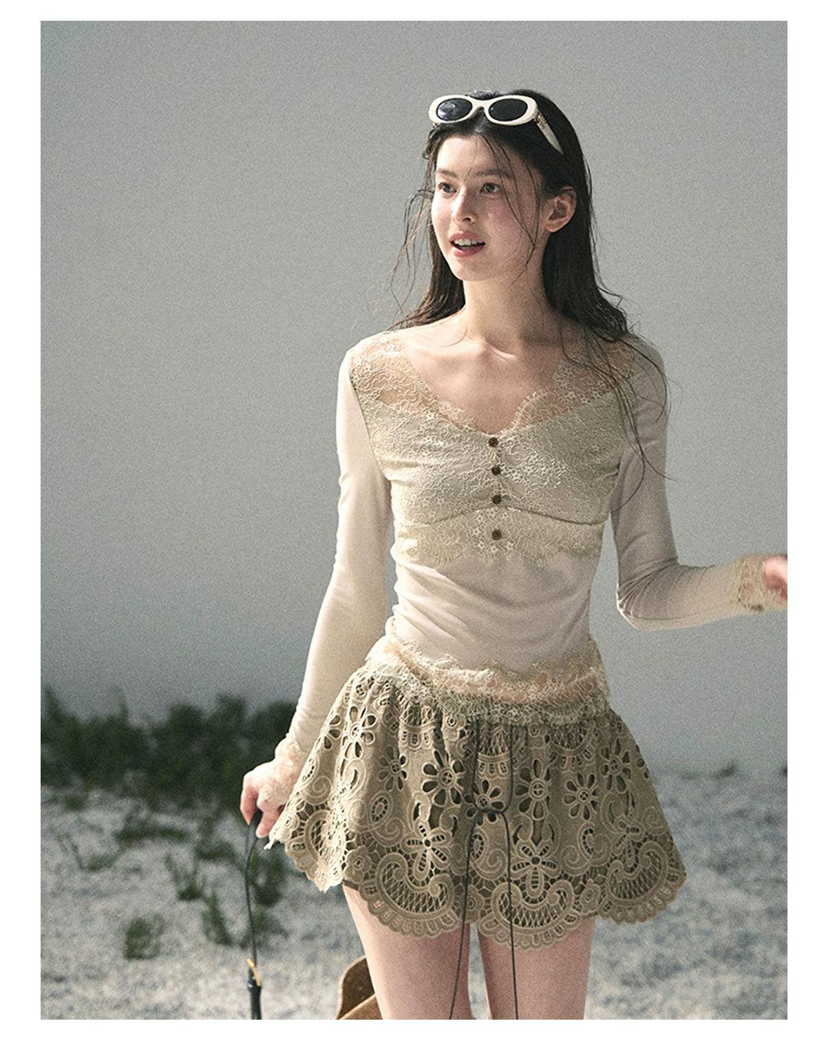 “Traces Left by the Wind” Ash Ivory Lace V-Neck Top