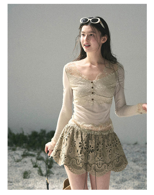 “Traces Left by the Wind” Ash Ivory Lace V-Neck Top