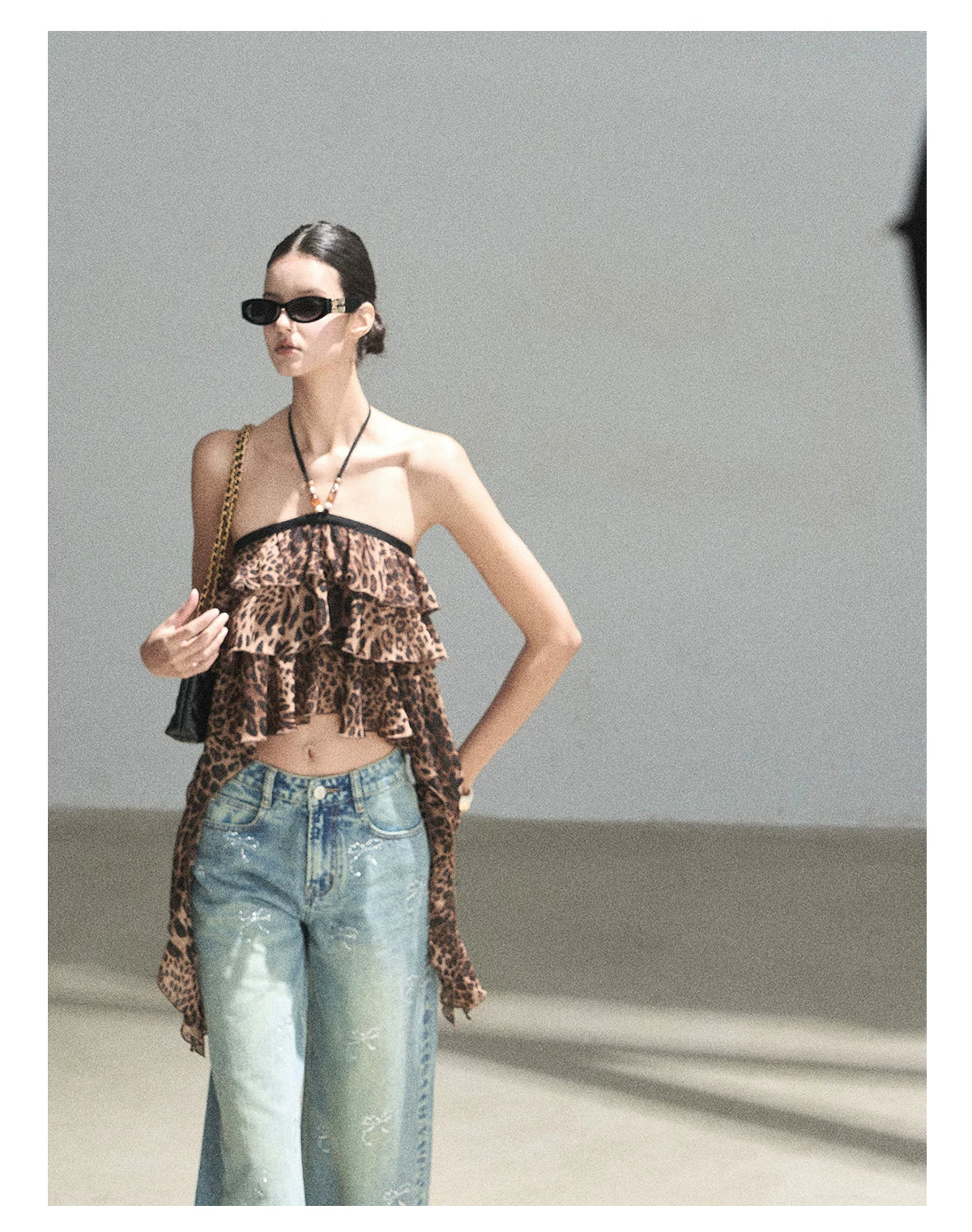 "Chasing the Sunset" Chestnut Brown Leopard Halter Ruffle Crop Top