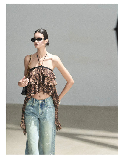 "Chasing the Sunset" Chestnut Brown Leopard Halter Ruffle Crop Top