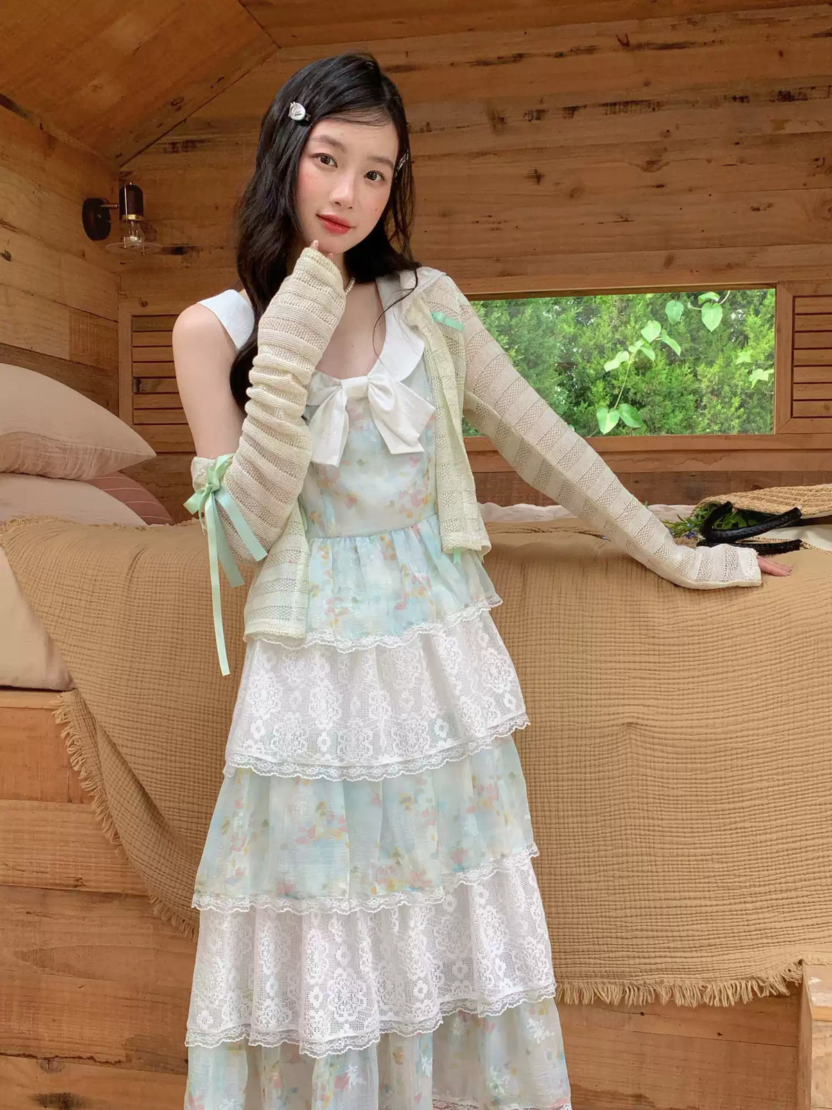 [RF] “Meadow Lilt” Light Green Floral Lace-Trim Tiered Maxi Dress