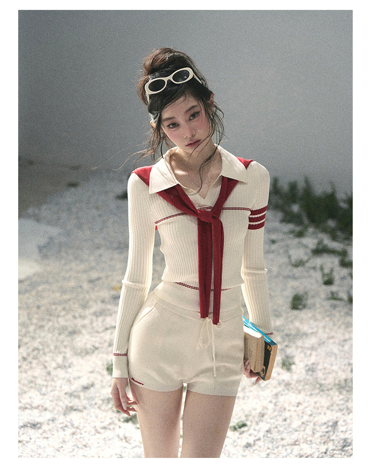 “Delhi Academy” Ivory Polo Knit Set with Angora Red Scarf