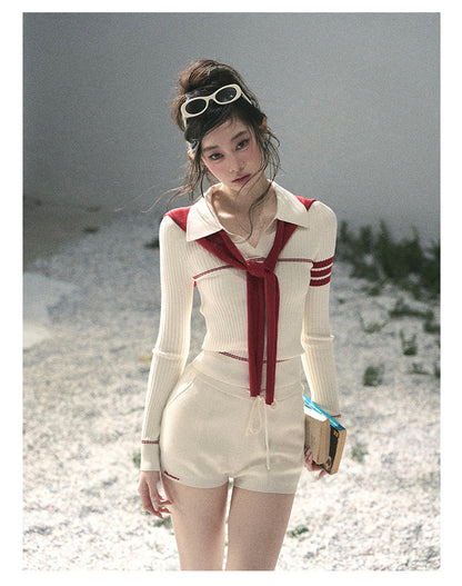 “Delhi Academy” Ivory Polo Knit Set with Angora Red Scarf