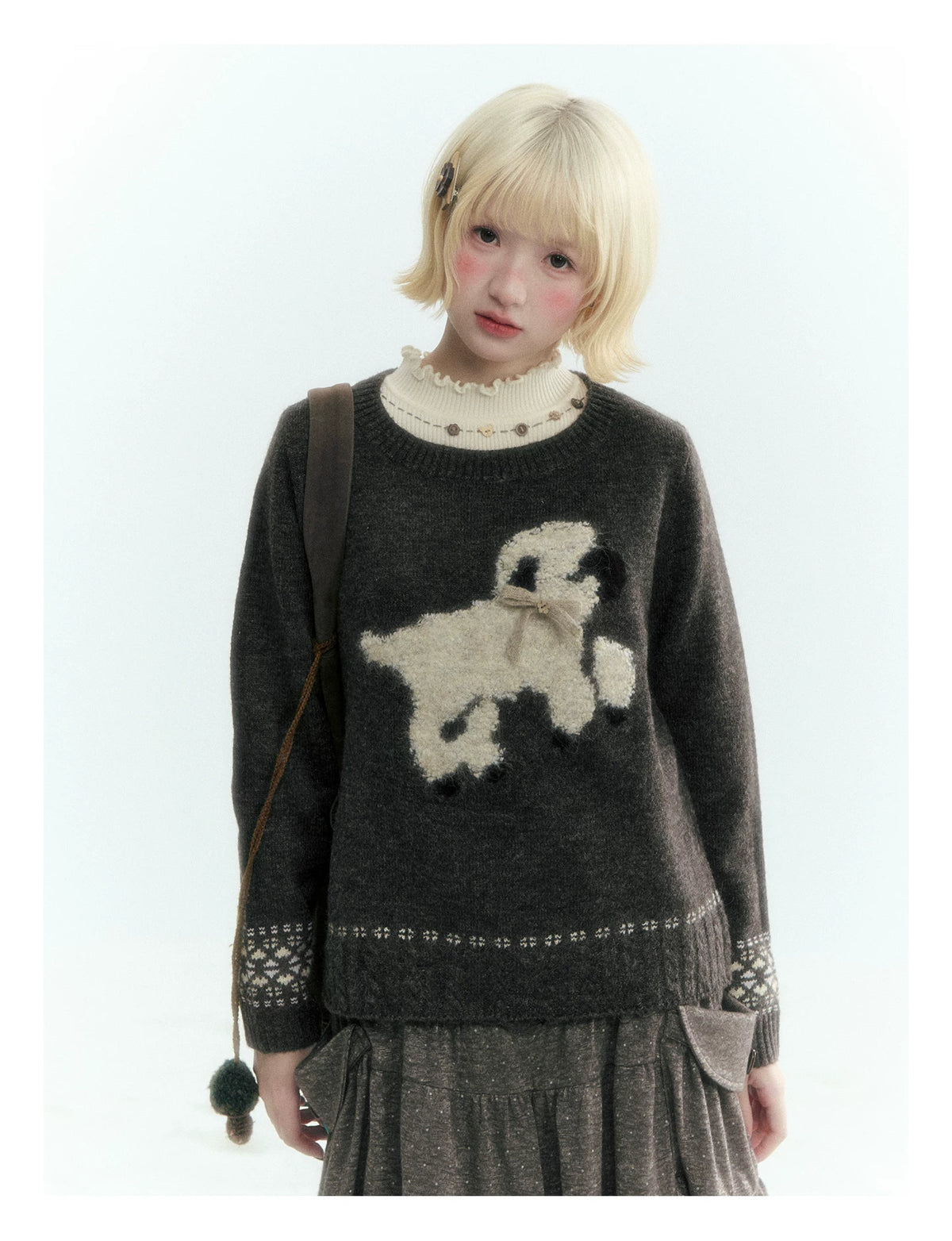 Horridale - Vintage Ruffle-Trim Wool-Blend Mock Neck Top (White Almond / Dark Gray)
