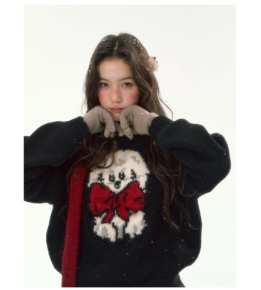 CANSTORE - "Bow Applause" Dark Gray Puppy Jacquard Knit Sweater