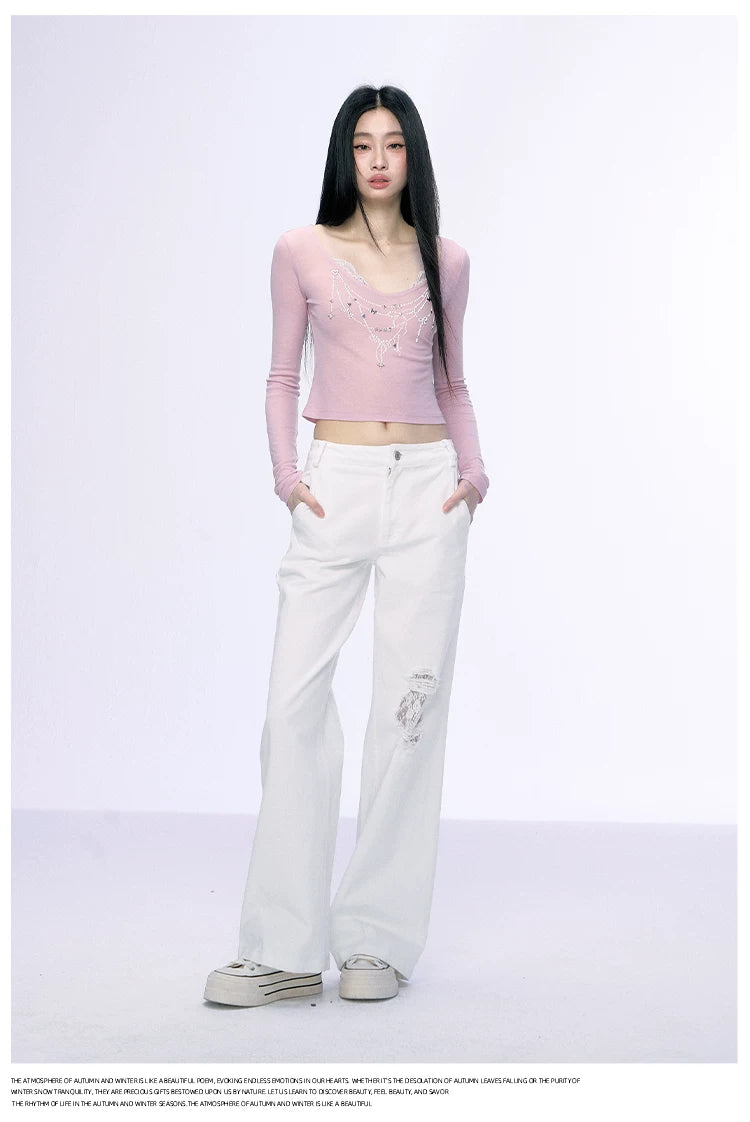 JN's DESIGN - Fitted Lace Long-Sleeve Top with Pearl Rhinestones
