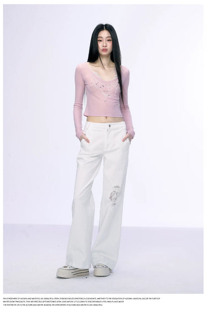 JN's DESIGN - Fitted Lace Long-Sleeve Top with Pearl Rhinestones