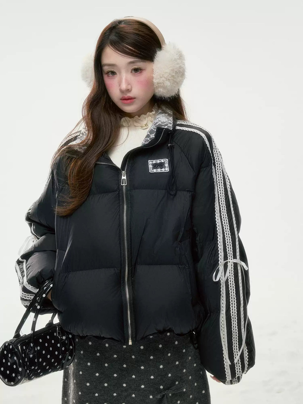 BIBIBENCY - Black Lace-Trimmed 90% White Duck Down Puffer Jacket