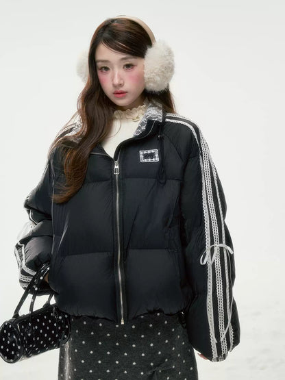 BIBIBENCY - Black Lace-Trimmed 90% White Duck Down Puffer Jacket
