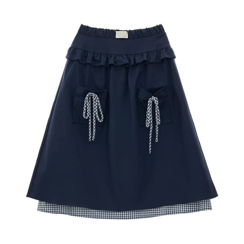 MAMC - Blue Plaid Layered Bow Midi Skirt