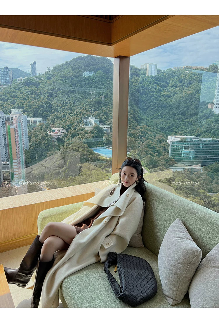 QuQuOuYang - 100% Wool Double-Face Belted Coat with Convertible Collar