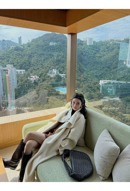 QuQuOuYang - 100% Wool Double-Face Belted Coat with Convertible Collar