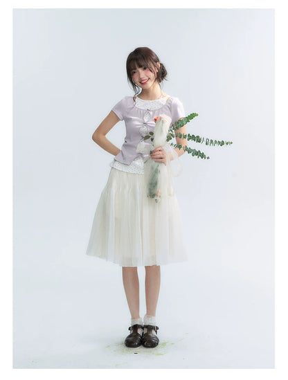 Korean Layered Bow Knit Short Sleeve T-Shirt in Violet