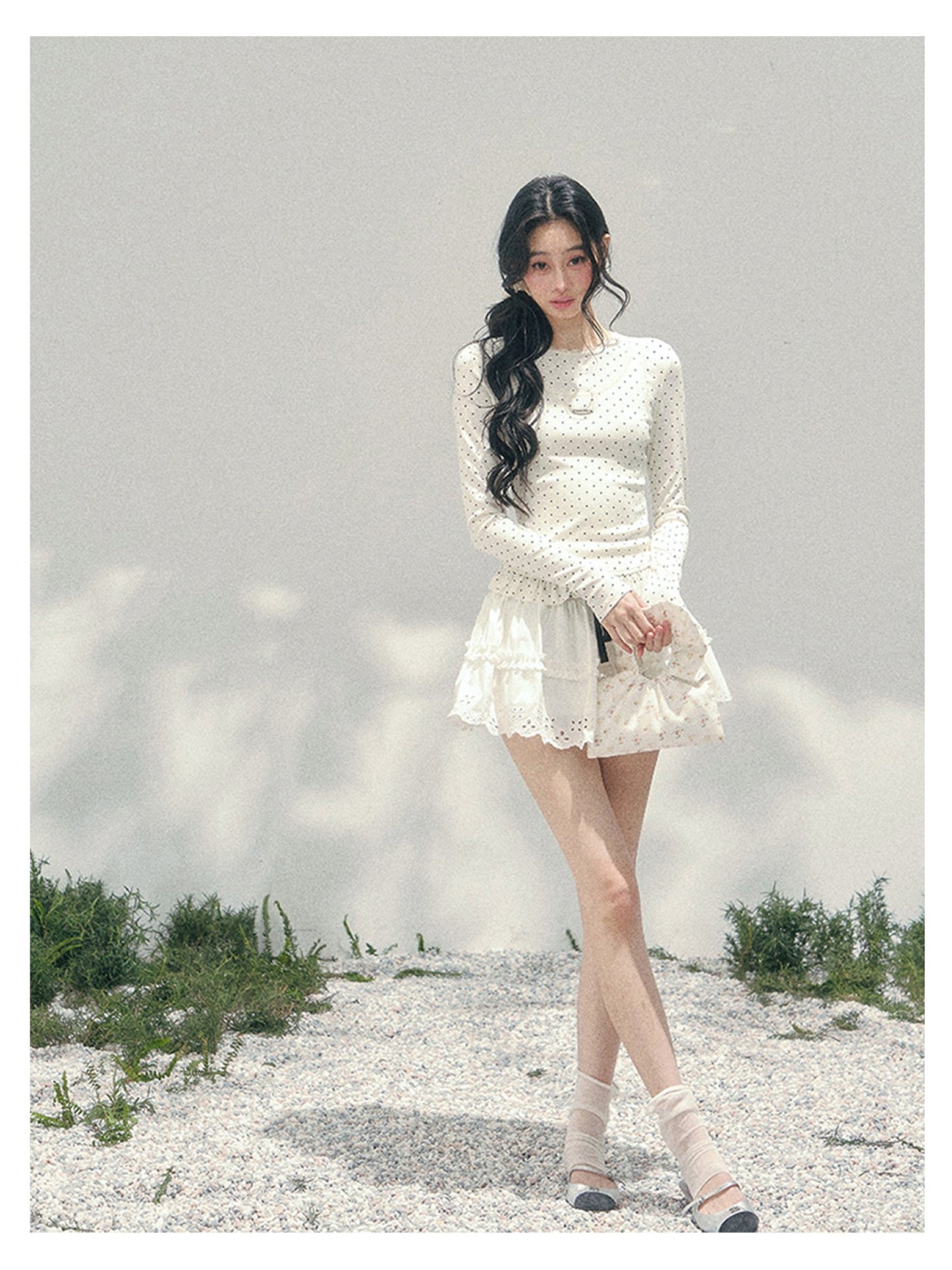少也眼 “Soft Muse Student” Lace Polka Dot Faux-Layer Shoulder Tee 6747668