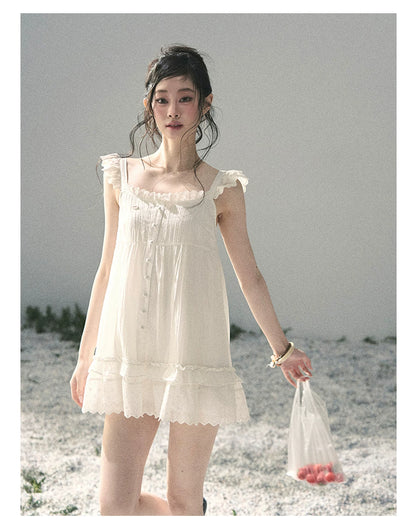 "Shimmer Along the Hem" Cloud White Lace Flutter Sleeve Babydoll Mini Dress 53413