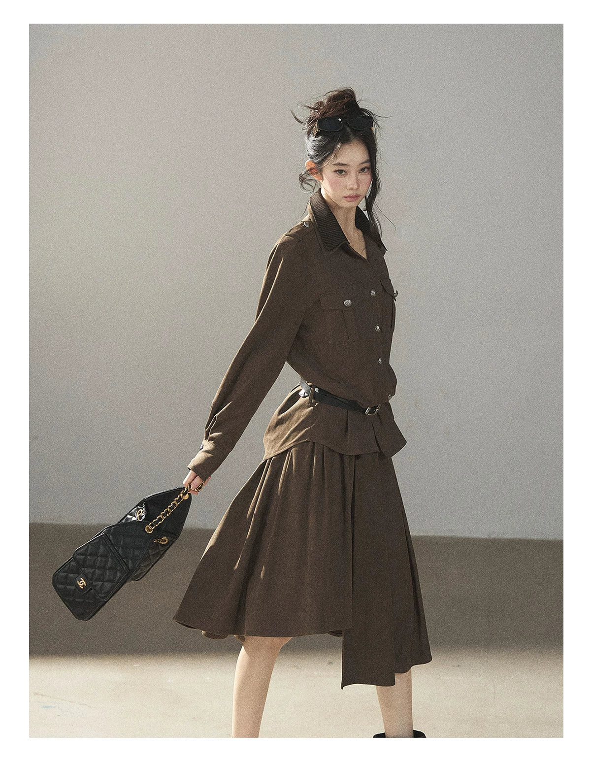 AOMALM - Terracotta Brown Shirt & Pleated Mini Skirt Set (With Belt)