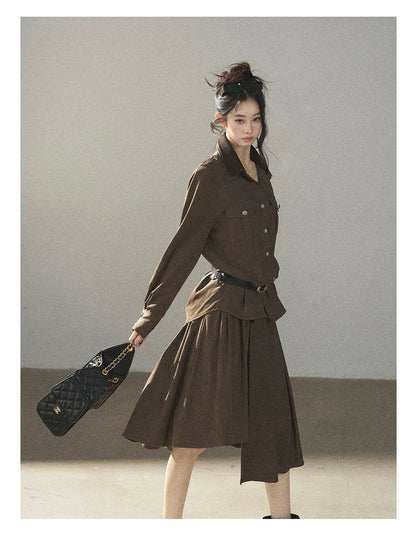 AOMALM - Terracotta Brown Shirt & Pleated Mini Skirt Set (With Belt)