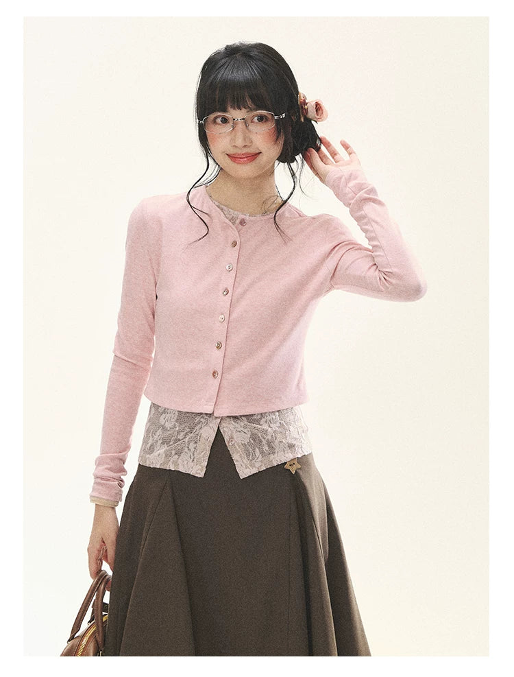 "Layered Blossom" Faux-Layer Knit Cardigan (Sakura Pink/ Heather Gray)