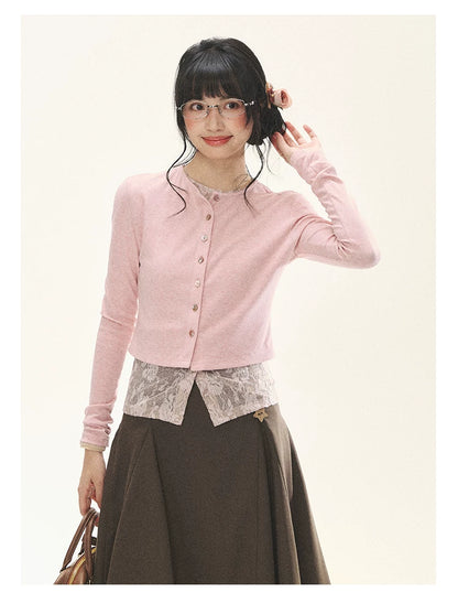"Layered Blossom" Faux-Layer Knit Cardigan (Sakura Pink/ Heather Gray)