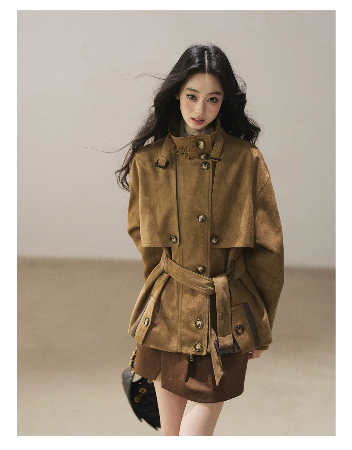 AOMALM - Chestnut Brown Faux-Suede Cropped Utility Coat with Belt