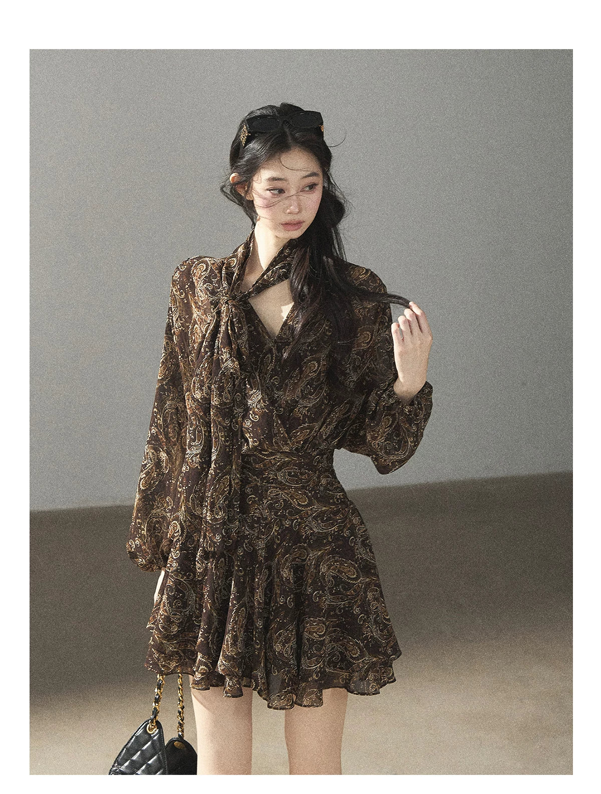 "Wait for a Tree of Blossoms" Cocoa Brown French Long-Sleeve Chiffon Dress (+ Camisole)