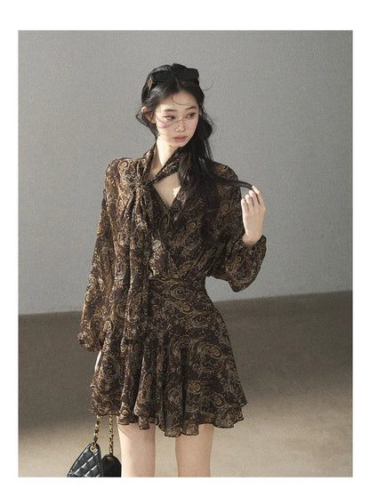 "Wait for a Tree of Blossoms" Cocoa Brown French Long-Sleeve Chiffon Dress (+ Camisole)