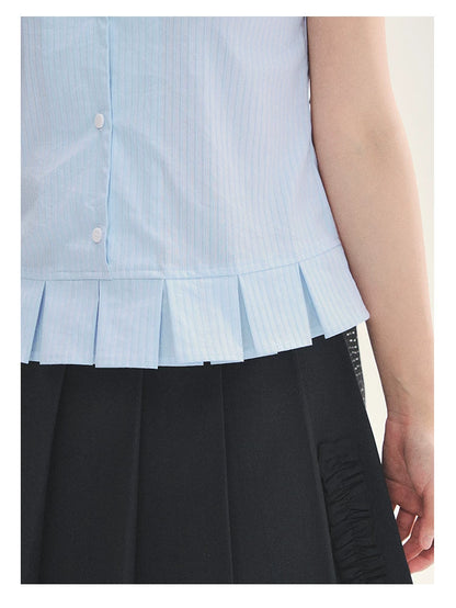 "Citrus Sea Salt" Stripe Lace Peter Pan Collar Pleated Shirt (White Blue / Blue White)