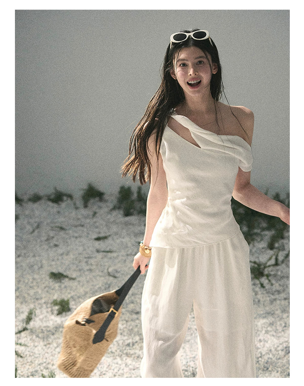 “Cloud Threads Falling at the Shoulder” Ivory Linen-Blend Two-Piece Set