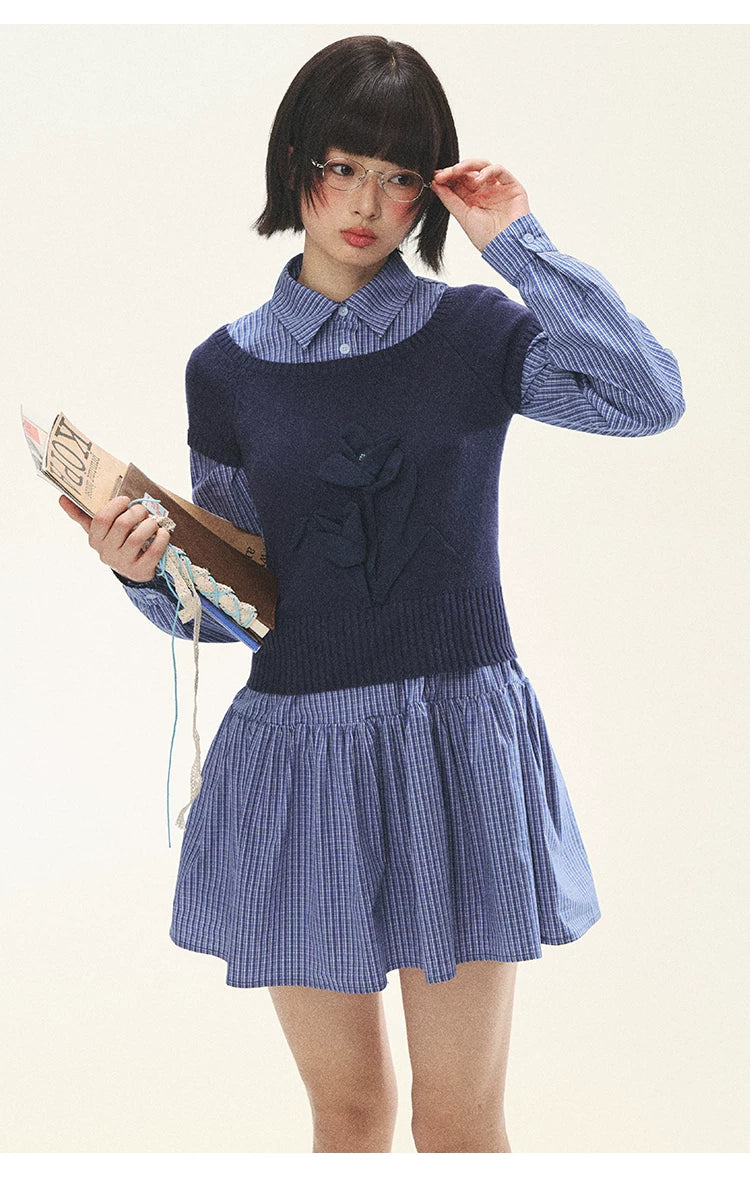"Holiday Blues" Blue Plaid Bow Shirt Mini Dress