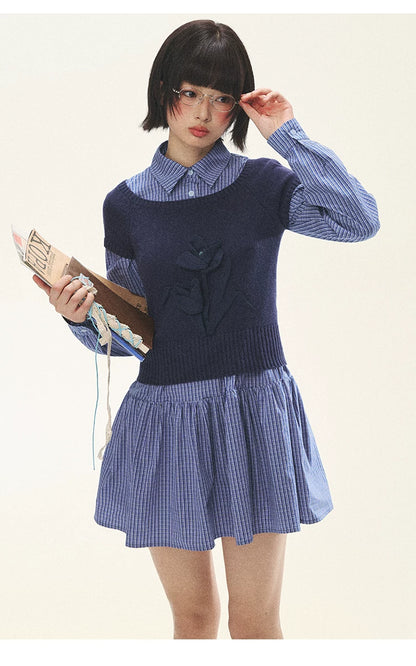 "Holiday Blues" Blue Plaid Bow Shirt Mini Dress