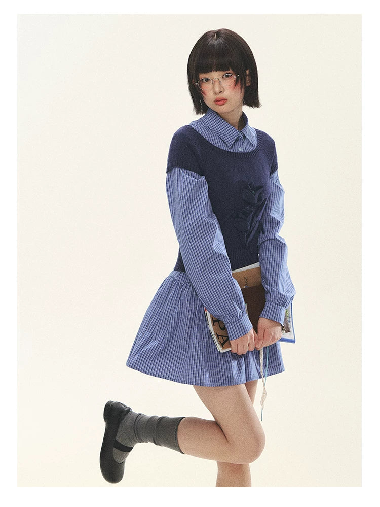 "Holiday Blues" Blue Plaid Bow Shirt Mini Dress