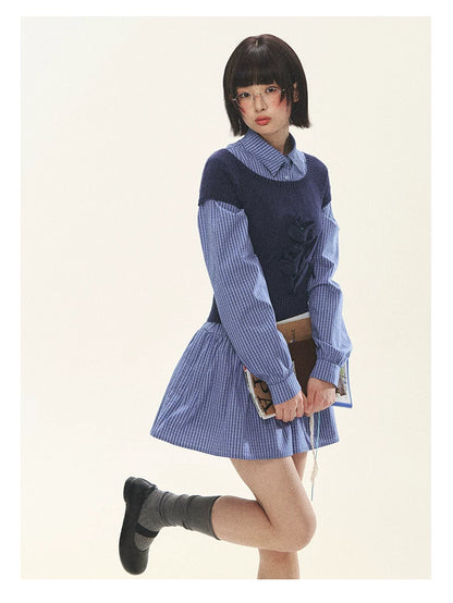 "Holiday Blues" Blue Plaid Bow Shirt Mini Dress