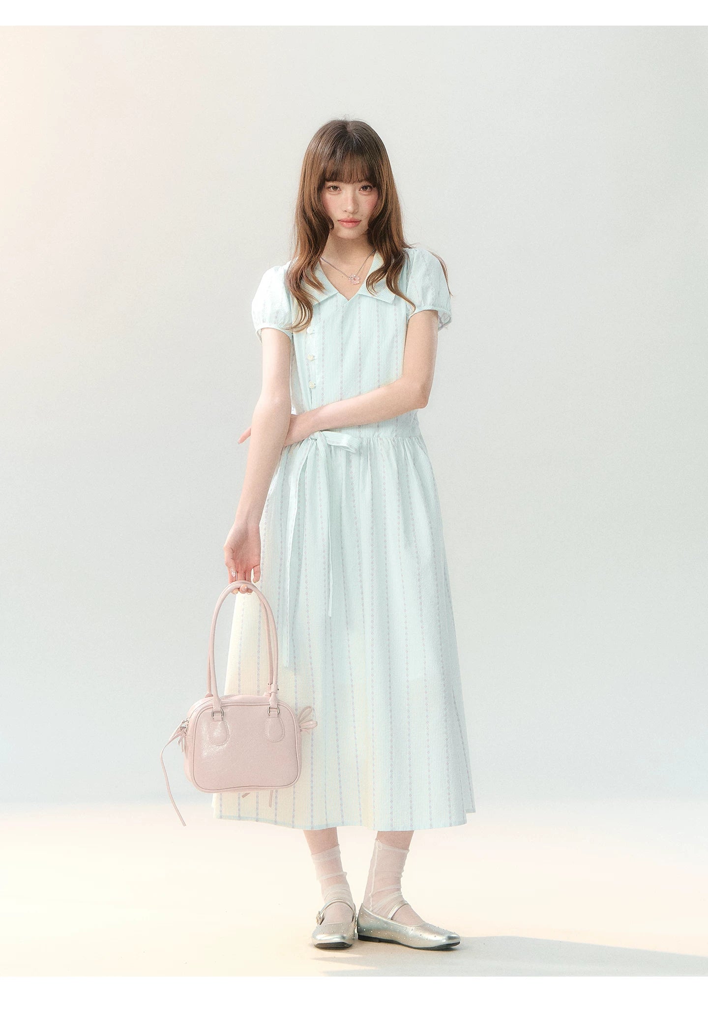 "Early Summer Letter" Blue Stripe Bow-Tie Wrap Dress PP2026211