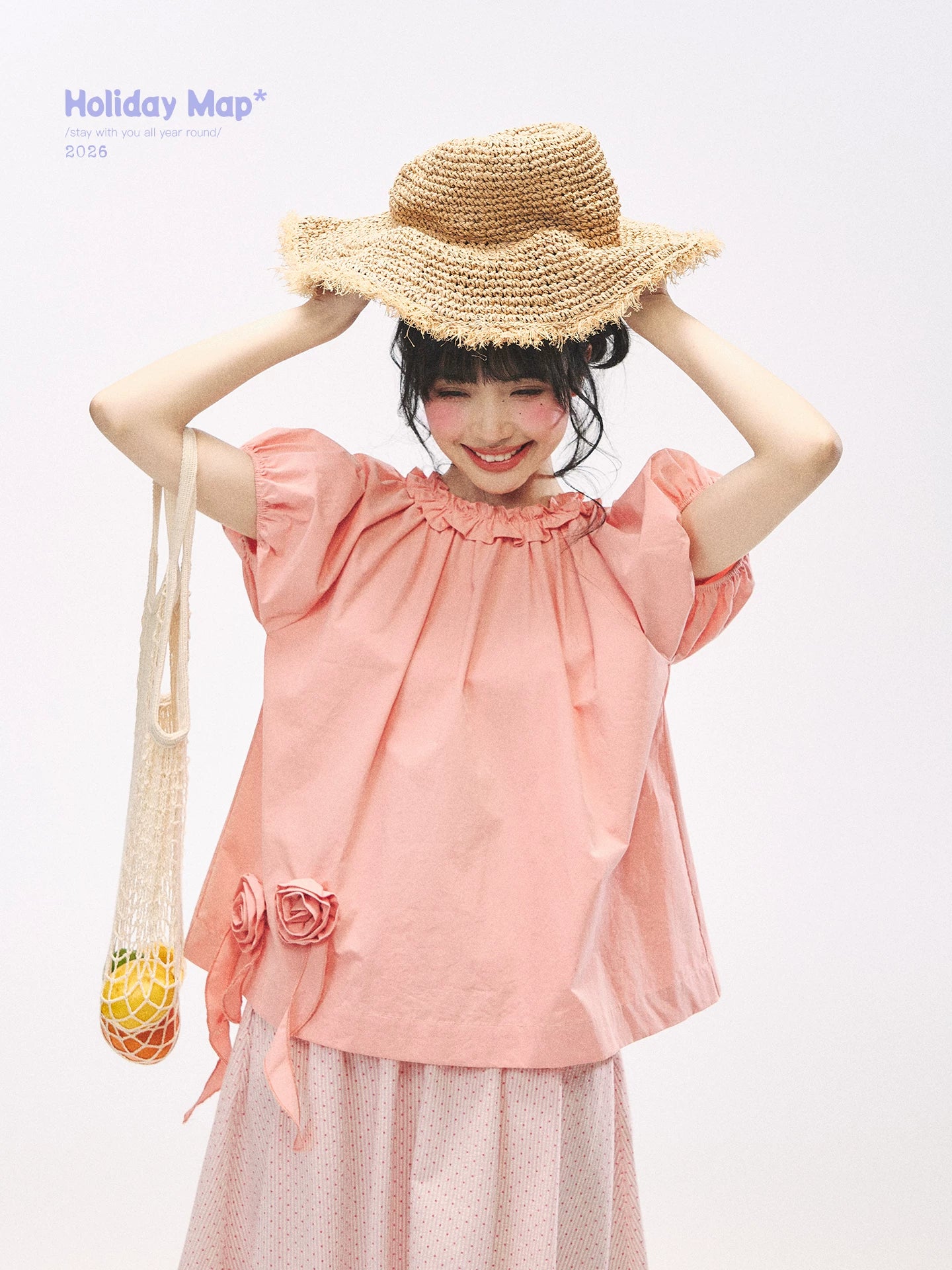 "Pink Grapefruit Bloom" Grapefruit Red Rose Puff Sleeve Blouse
